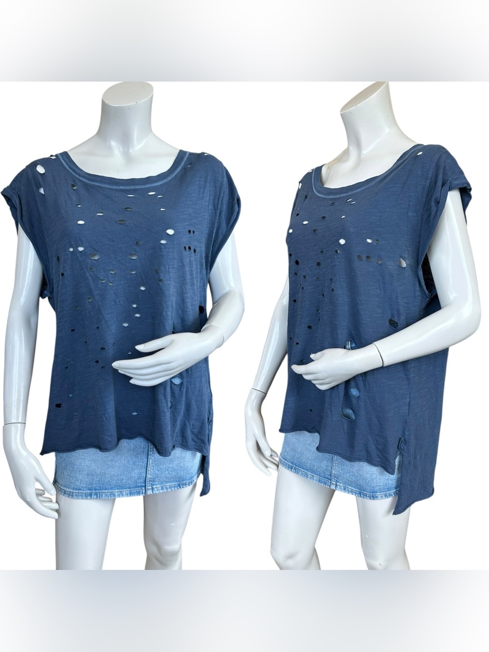 Free People We The Free Navy Blue Oversized Holes Distressed Muscle Tee Small